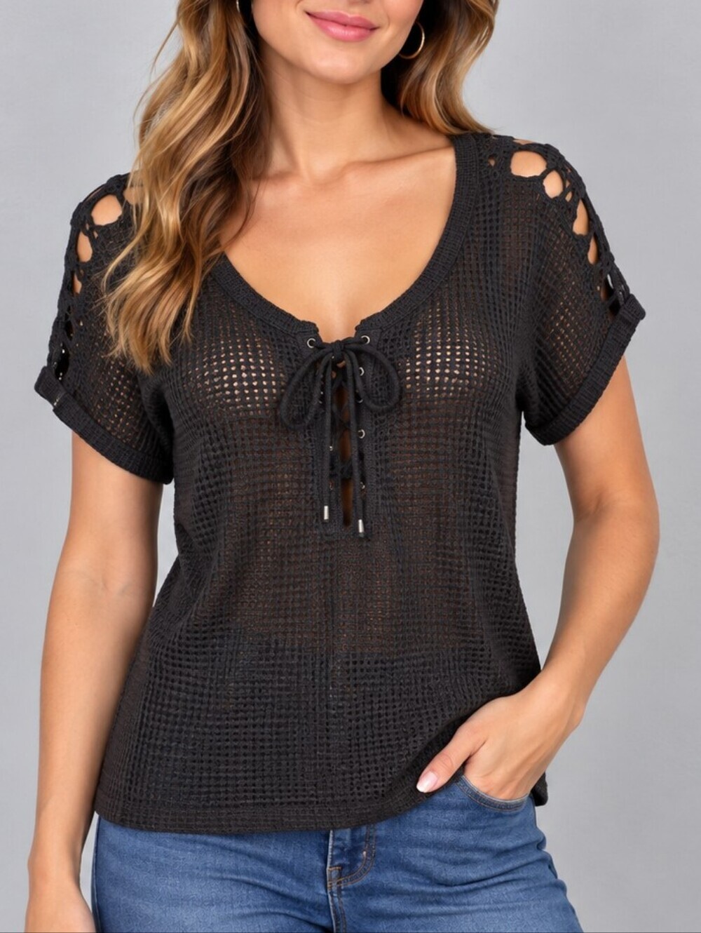 FREE PEOPLE Charcoal Gray Mesh Floral Crochet Lace-up Festival Blouse